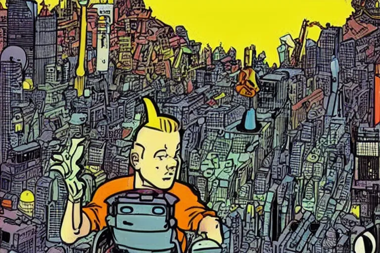 Image similar to sci-fi, futuristic city, cyberpunk, TinTin style! art by Hergé!!