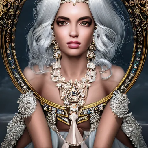 Prompt: portrait of pretty princess with white hair, beauty, ornate and intricate diamond jewelry, glowing, jaw dropping, ornate and intricate backdrop, white accent lighting, hyper detailed, 4 k octane render