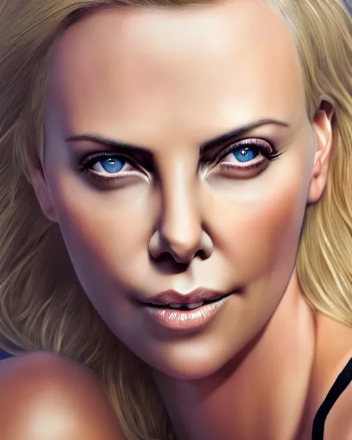 Prompt: charlize theron, photo, ultra detail, photoreal, professionally retouched, soft moonlight lighting, shiny plastic bikini, realistic, smooth face, goddess, luscious lips, perfect eyes, wide angle, sharp focus on eyes, 8 k high definition, insanely detailed, intricate, elegant, art by artgerm and wlop