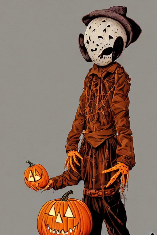 Image similar to a scarecrow with jack - o - lantern head, full body, big two toned eyes, halloween, horror, intricate details, cinematic, epic, realistic, anatomy, tomer hanuka, uplight, artstation, photorealistic, scary