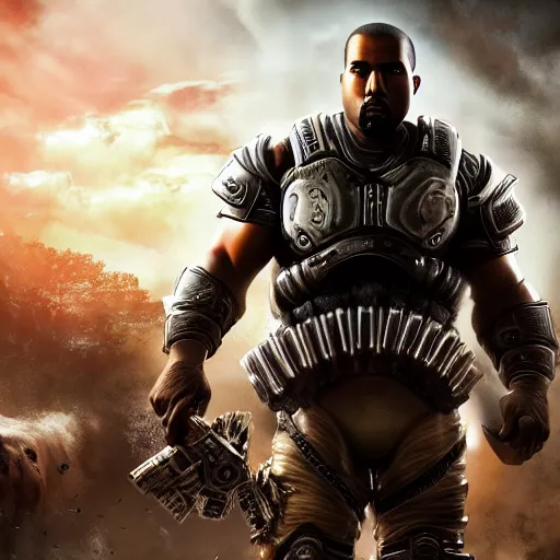 Prompt: kanye west as an centaur in gears of war, splash art, movie still, detailed face, photorealistic facial features, cinematic lighting, dramatic, octane render, long lens, shallow depth of field, bokeh, anamorphic lens flare, 8 k, hyper detailed, 3 5 mm film grain