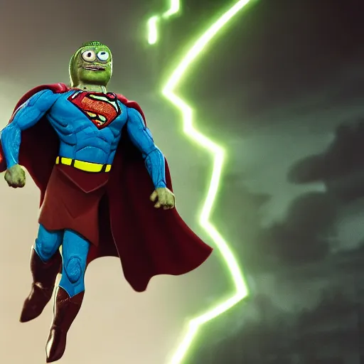 Prompt: pickle rick as superman! flying in ( gears of war ), splash art, movie still, detailed face, photorealistic facial features, cinematic lighting, dramatic, octane render, long lens, shallow depth of field, bokeh, anamorphic lens flare, 8 k, hyper detailed, 3 5 mm film grain