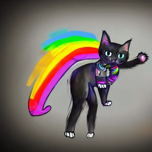 Image similar to wide angle full body, of a fluffy cute rainbow kitten wearing a black motorcycle jacket, concept art