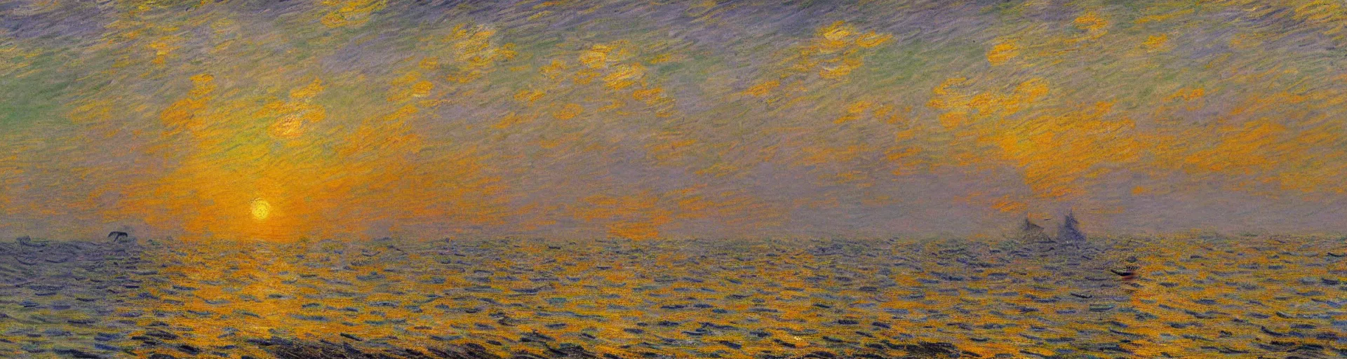 Image similar to An aesthetically pleasing, dynamic, energetic, lively, well-designed digital art of the ocean at sunset, light and shadow, by Claude Monet and Vincent Van Gogh, superior quality, masterpiece, excellent use of negative space. 8K, superior detail.