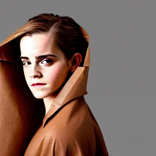 Prompt: emma watson with a brown paper bag over covering her head and face, ( sony a 7 r iv, symmetric balance, polarizing filter, photolab, lightroom, 4 k, dolby vision, photography awardm, voque, perfect face )