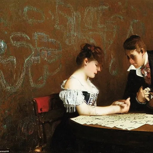 Image similar to a young man and a young woman solving an escape room puzzle, mysterious markings on the wall, by alfred stevens