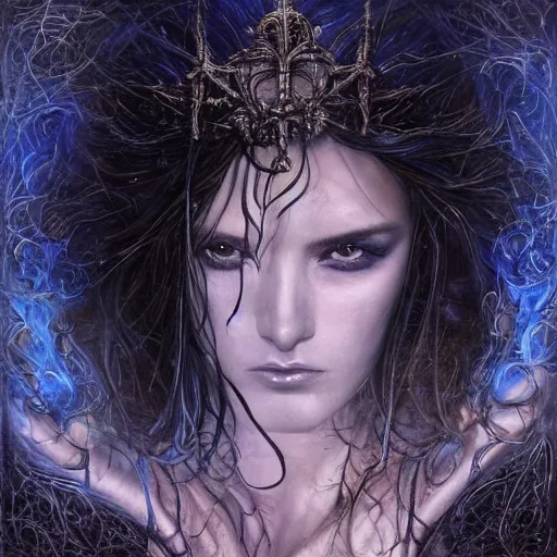 Prompt: masterpiece goddess of sorrow, realistic portrait, 3 0 years woman, melancholic face, long hair, digital painting by louis royo and julie bell, dark tenebrous blue background, cinematic light, aura effect, some chaotic sparkles, unreal engine, artstation, deviantart, pinterest, darker, more contrast