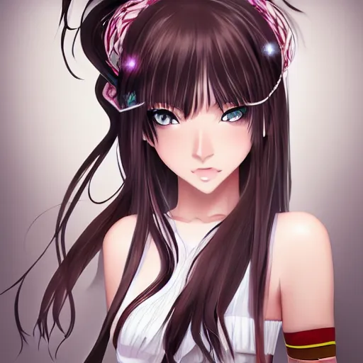 Prompt: advanced digital anime art, a girl with long,straight brown hair decorated with a flashy hair band adorning her perfectly proportioned face, pale skin and brown eyes.