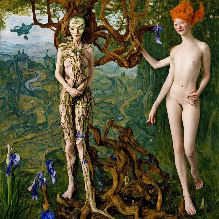 Prompt: a grinning dryad girl, who looks like a cybernetic alien stands pround in the middle of a river valley. around her are tropical birds and orchids and she is wearing an iris van herpen dress. painted by jan van eyck, egon schiele and max ernst, trending on artstation, 8 k, award winning, high octane