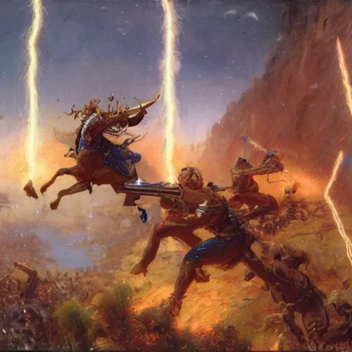 Image similar to a man with blonde hair shooting lightning bolts at his enemy in battle. detailed matte painting. masterpiece. 4 k. fantasy art. by gaston bussiere. derek zabrocki. ralph mcquarrie.