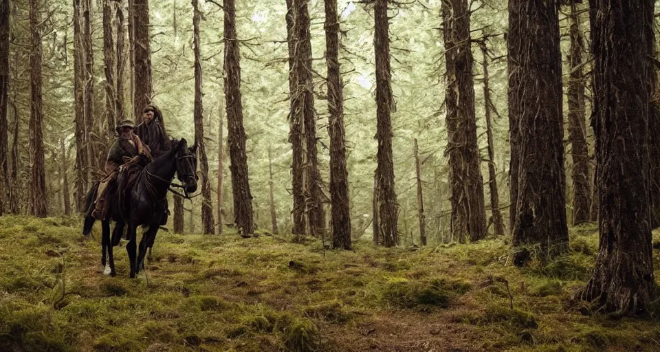 Image similar to First official image from Alejandro Landes' new western film Moss and Lead. Filmed by Jasper Wolf on ALEXA Mini, Vantage One T1 lens in Oregon's Siuslaw National Forest. Starring Gleeson. Cinematography, contrast, nighttime.