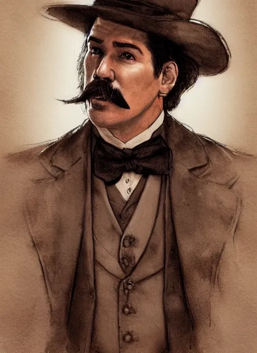 Prompt: portrait, Doc Holiday from Tombstone, watercolor, dramatic lighting, cinematic, establishing shot, extremely high detail, foto realistic, cinematic lighting, pen and ink, intricate line drawings, by Yoshitaka Amano, Ruan Jia, Kentaro Miura, Artgerm, post processed, concept art, artstation, matte painting, style by eddie mendoza, raphael lacoste, alex ross