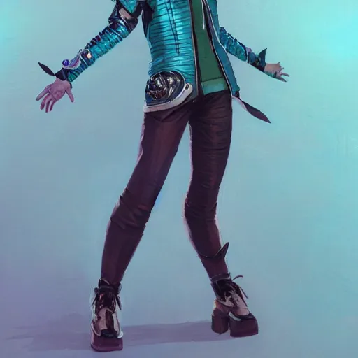 Prompt: Full body of Korean female wearing futuristic short teal leather jacket and 1980s shorts, expressive pose, intricate, elegant, highly detailed, digital painting, artstation, concept art, smooth, sharp focus, illustration, art by artgerm and greg rutkowski and alphonse mucha