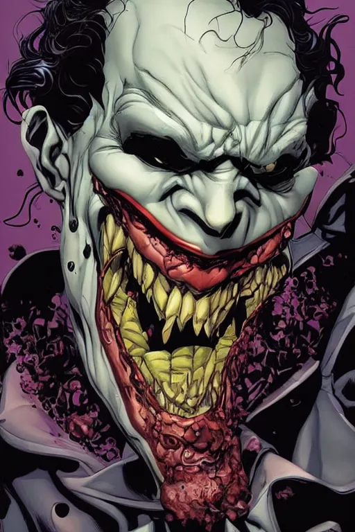 Prompt: dc comic book cover of villain the joker creepy menacing dangerous slit mouth smile by michael hussar, james jean, tomer hanuka