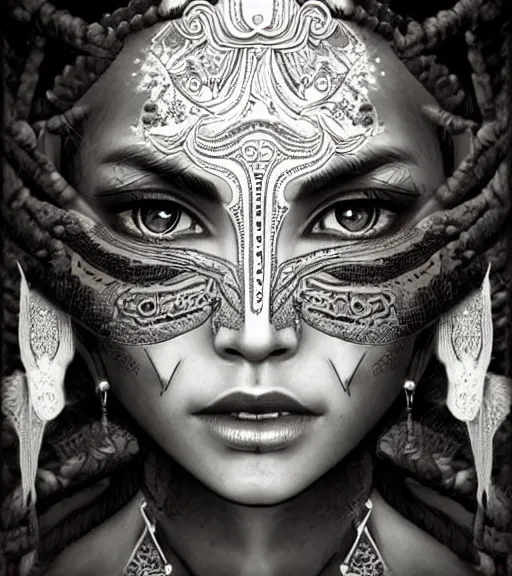 Prompt: beautiful intricate exquisite mayan princess realistic face, beautiful eyes, black and white drawing, in the style of greg rutkowski, fantasy, amazing detail, epic, intricate, elegant, smooth, sharp focus