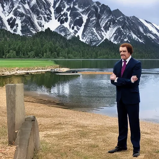 Image similar to Ron Burgundy standing near a lake with Champ Kind