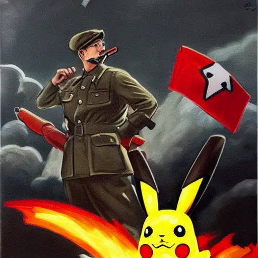 Image similar to pikachu fighting stalin in ww 2 uniform and a mustache, fighting in world war 2, photorealistic, high detail, realistic, sharp focus, smooth edges, soldiers in the background! black & white!, dramatic, sky on fire with dogfights in the sky. wide angle. painting by eugene de lacroix