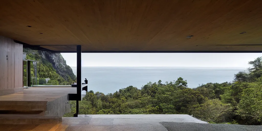 Prompt: a modernist residence on a cliffside with a waterfall