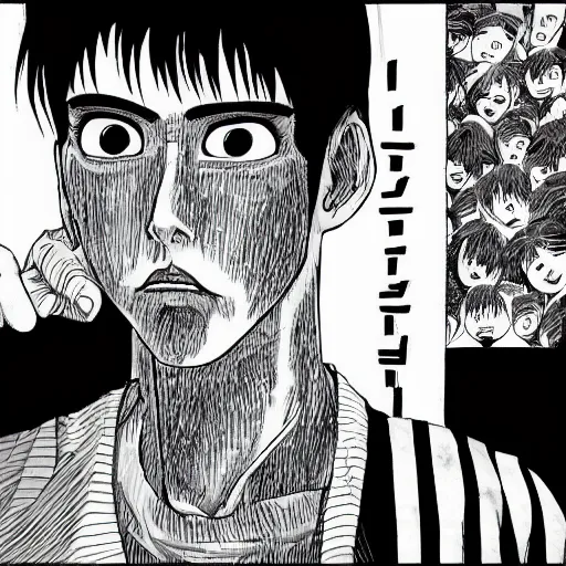 Prompt: a portrait of a 2 4 years old man made by junji ito, detailed