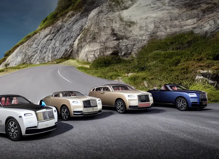 Image similar to hyper realistic ultra realistic photograph of a rolls royce fleet driving off a cliff, wide angle, highly detailed, 8k photograph