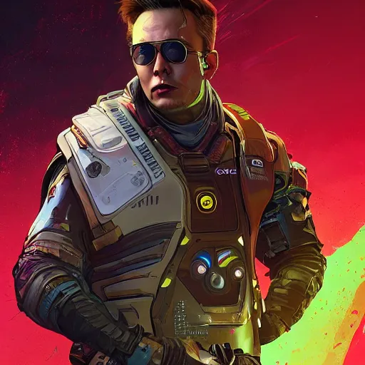 Image similar to elon musk as apex legends character, digital illustration portrait design, by android jones and greg rutkowski, retrowave color scheme, detailed, cinematic lighting, wide angle action dynamic portrait