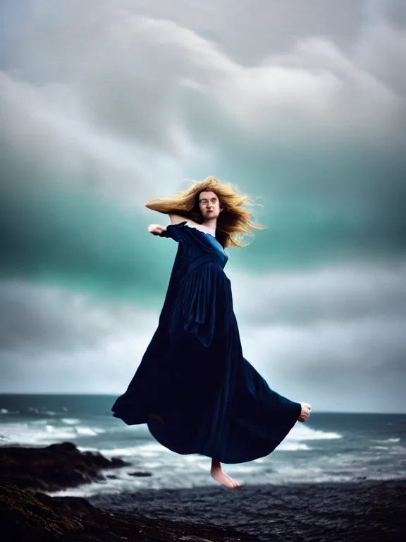 Prompt: cinestill 5 0 d photography of a woman britt marling 3 / 4 style of nicholas fols, 8 0 mm, dress in voile, hair like dark clouds floating on air, mute dramatic colours, soft blur outdoor stormy sea background, volumetric lighting, hyperdetailed, hyperrealistic