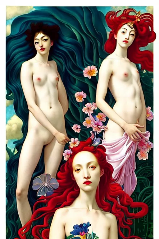 Image similar to 3 Summer Deities, (representing the 3 months June, July, and August), in a style blending Æon Flux, Peter Chung, Shepard Fairey, Botticelli, Ivan Bolivian, and John Singer Sargent, inspired by pre-raphaelite paintings, shoujo manga, and cool Japanese street fashion, dramatically lush flora and fauna, warm vivid high contrast color scheme, hyper detailed, super fine inking lines, ethereal and otherworldly, 4K extremely photorealistic, Arnold render