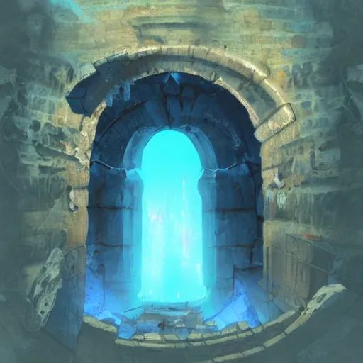 Prompt: bordless, blue portal to another world in the middle of an ancient ruin.