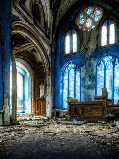 Image similar to interior of an abandoned, overgrown church, blue color palette, photo, digital art, detailed, intricate complexity, artstation