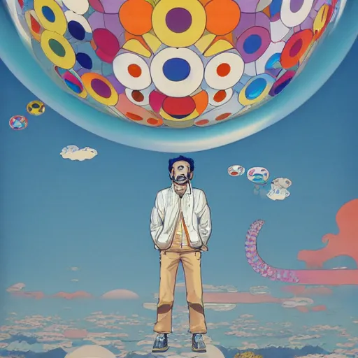 Image similar to a man walking on clouds away from the camera above kyoto by takashi murakami, beeple and james jean, aya takano color style, 4 k, super detailed, modern, 4 k, symmetrical