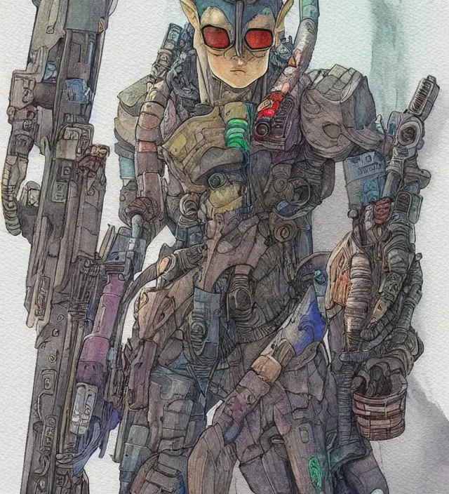 Image similar to a watercolor ink painting of an cyberpunk elven sniper in the style of jean giraud in the style of moebius trending on artstation deviantart pinterest detailed realistic hd 8 k high resolution