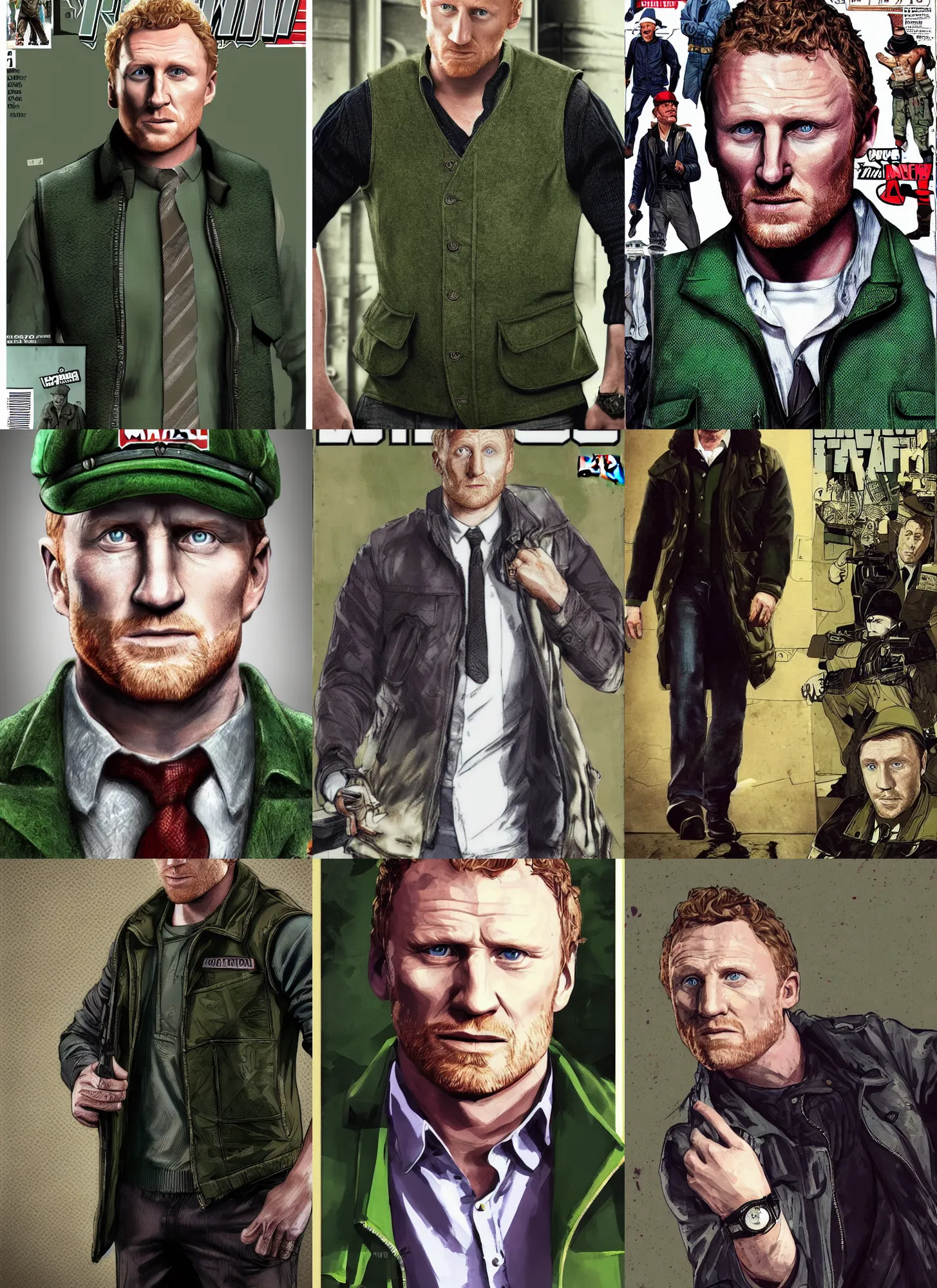 Prompt: portrait kevin mckidd, green flat cap, gilet suit, gta v cover, marvel comics, dark, intricate, highly detailed