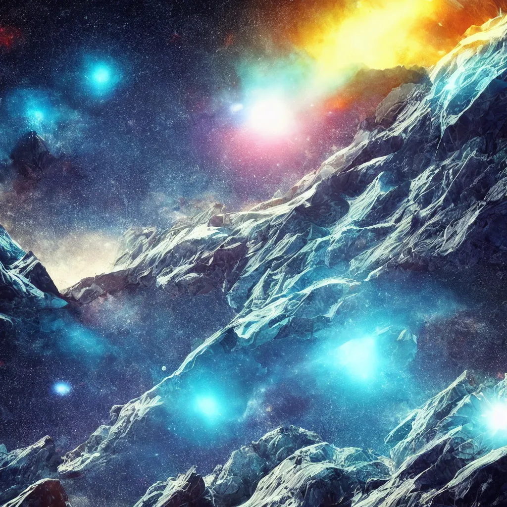 Prompt: vertical, mountains, limit, universe, galaxy, upwards, photo, blue sky, realistic, highly detailed, cinematic, glowing ice comets falling down