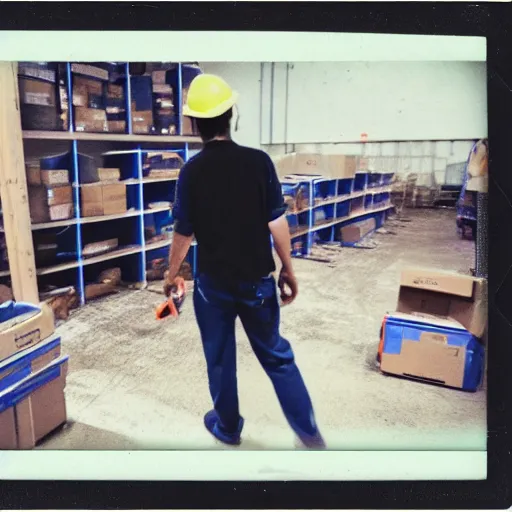 Image similar to a polaroid photo of man doing sort things into sort machines in lazada logistics warehouse, he's wearing blue cloth and construction hat,, photo from behind, highly details, perfect face shape, cinematic lighting,