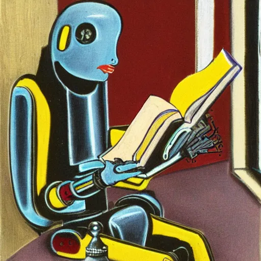 Image similar to a robot reading a book by francis bacon