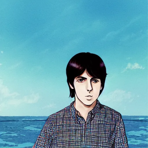 Image similar to s beautiful anime illustration of young Paul McCartney from the Beatles, wearing a blue and white check shirt and watch, relaxing on a yacht at sea, ufotable