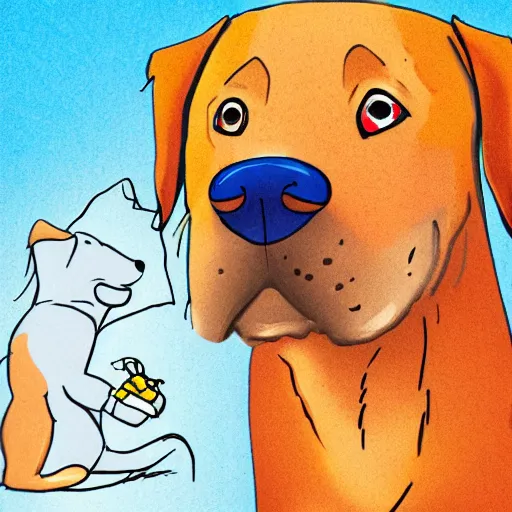 Prompt: yellow dog with blue nose and red hair and brown spots, cartoon illustration