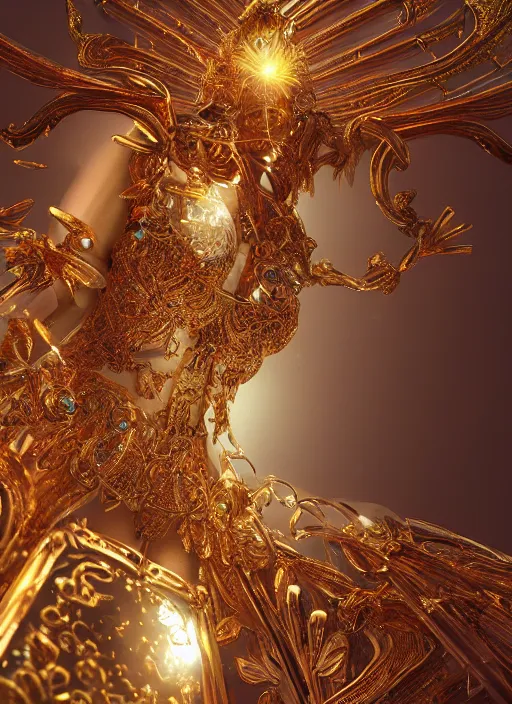 Image similar to beauteous sumptuous goddess, crystal, gold, copper, bronze biomechanical with incredible iridescent pearlescent voluminous fluorescent neon indirect soft glow cinematic lighting, crystalline masterpiece incrustations, hyperdetailed features, movie still, intricate, octane render, cinematic forest lighting, unreal engine, crepuscular rays, god rays