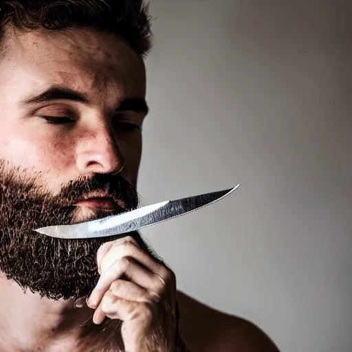 Prompt: 8k photo of a man shaving his beard with a knife