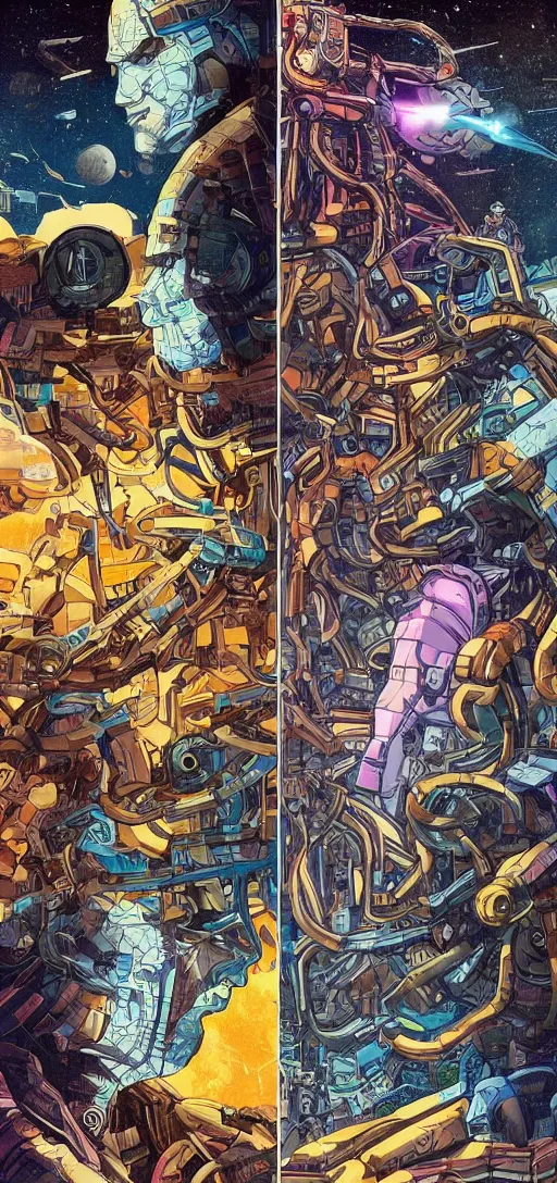 Image similar to a god machine versus a human in a space ship