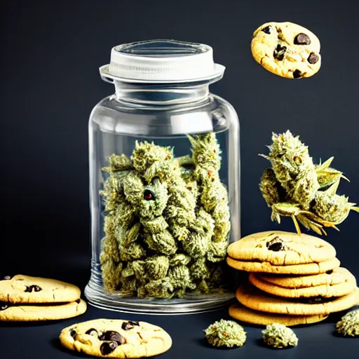 Prompt: a jar full of weed buds, and cookies next to the jar. fashion photography, product photography, hermes ad, solid background, toiletpaper magazine