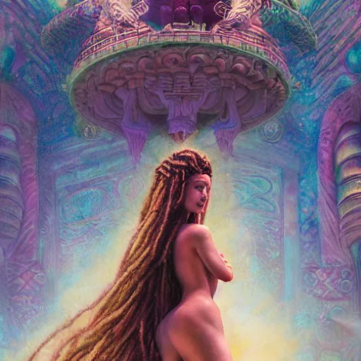 Image similar to sumerian goddess inanna ishtar, ashteroth, techno mystic goddess princess intergalactica, with aqua neon rapunzel dreadlocks, mami wata, atlantis, seapunk, detailed, by gaston bussiere, bayard wu, greg rutkowski, giger, maxim verehin, greg rutkowski, masterpiece, sharp focus,