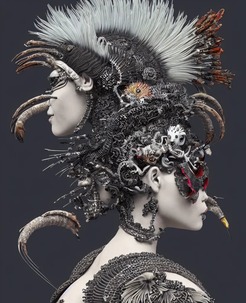 Image similar to 3 d goddess close - up profile portrait punk with mohawk with ram skull. beautiful intricately detailed japanese crow kitsune mask and clasical japanese kimono. betta fish, jellyfish phoenix, bio luminescent, plasma, ice, water, wind, creature, artwork by tooth wu and wlop and beeple and greg rutkowski