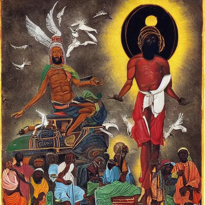 Prompt: UFO hovering over an African Jesus , in the style of Nigerian truck art (Eagle & Snake, Kano),