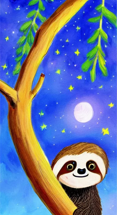 Prompt: a cute sloth hanging on a tree on a beautiful night with stars, everything made of thick flowing dramatic brush strokes, impressionist, matte colors, trending on artstation