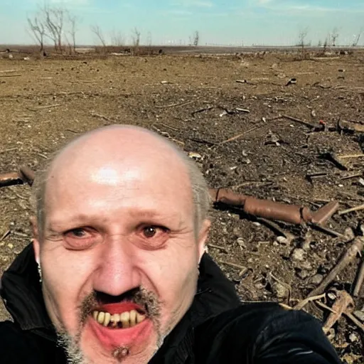 Image similar to last selfie of last alive funny scared ukrainian very damaged body to bones, bleeding crawling from nuclear explosion, big nuclear explosion at background, end of the life close