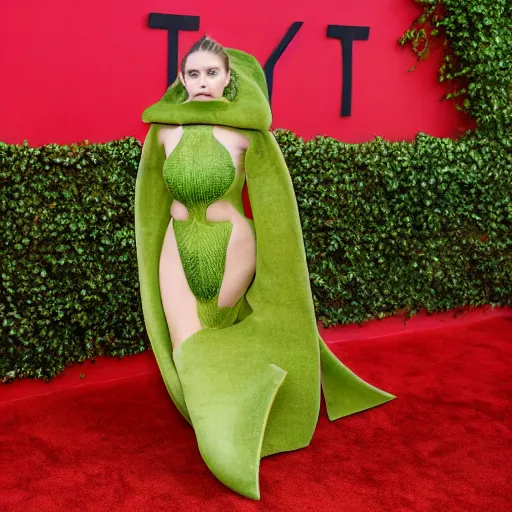 Image similar to elizabeth olsen walking on the red carpet, wearing an avocado bodysuit stylized like an avocado, full body shot, trending on unsplash, 4 k quality, intricate