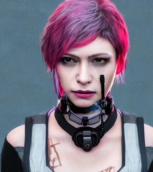 Image similar to detailed realistic female character cyberpunk wearing thick technological collar around neck, realistic, art, beautiful, 4K, collar, choker, collar around neck, punk, artstation, detailed, female, woman, choker, cyberpunk, neon, punk, collar, choker, collar around neck, thick collar, tight around neck, punk,