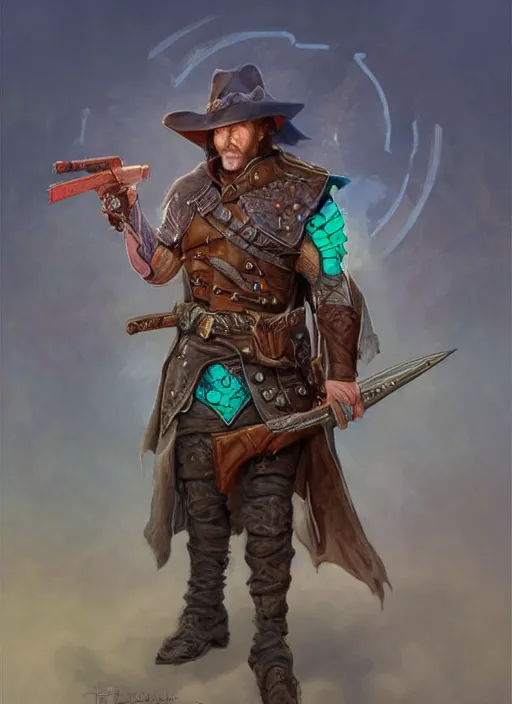 Image similar to gunslinger, dndbeyond, bright, colourful, realistic, dnd character portrait, full body, pathfinder, pinterest, art by ralph horsley, dnd, rpg, lotr game design fanart by concept art, behance hd, artstation, deviantart, hdr render in unreal engine 5