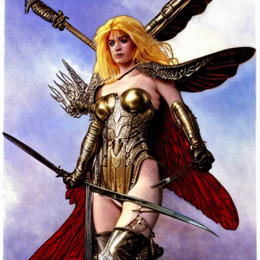 Image similar to half length portrait of a winged, armored female valkyrie with a flaming sword, d & d, fantasy, luis royo, magali villeneuve, donato giancola, wlop, krenz cushart, hans zatka, klimt, alphonse mucha